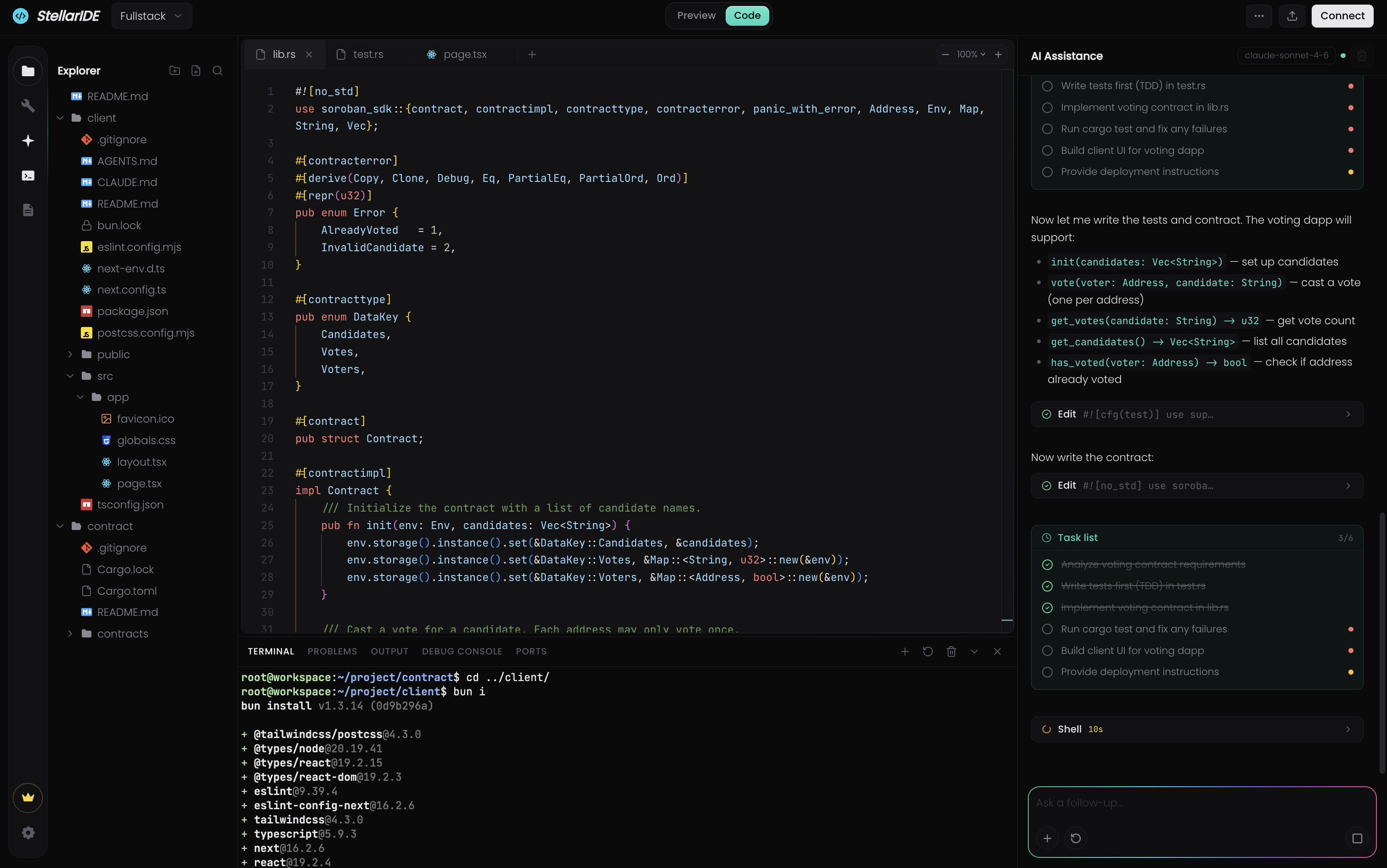 The stellarIDE editor — explorer, code, terminal, and AI assistant